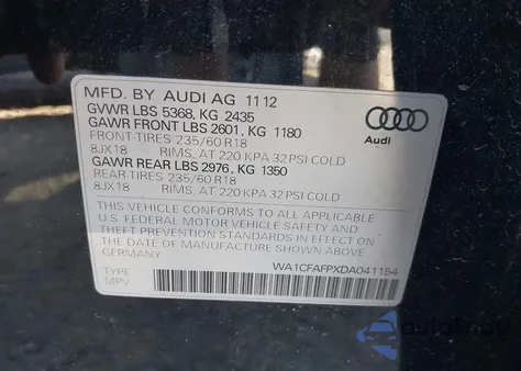 2013 Audi Q5 2.0T Premium from USA, damaged, VIN WA1CFAFPXDA041154